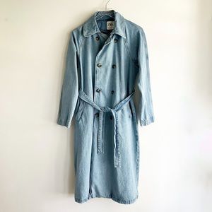 Zara Medium Jean Denim Double Breasted Overcoat Trench Coat Light Wash Blue